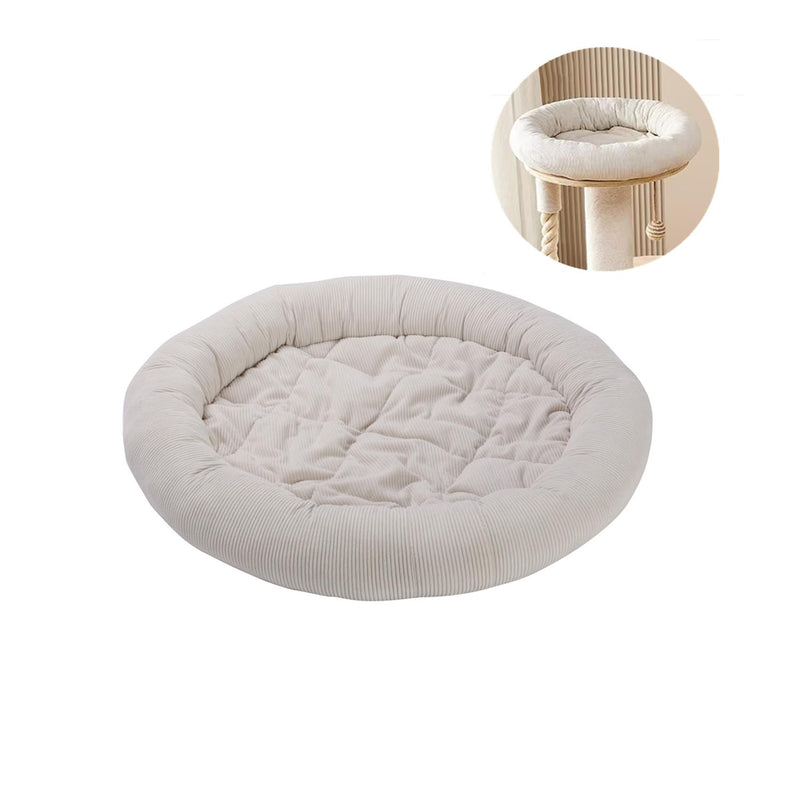 Beige corduroy round donut pet cushion with quilted center and inset showing cushion on wooden chair