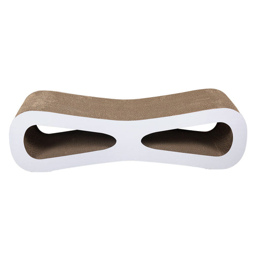 White and brown corrugated cardboard cat scratching board with curved infinity design and openings