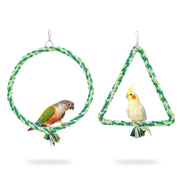 Two colorful parrots perched on green braided rope swings - one circular, one triangular