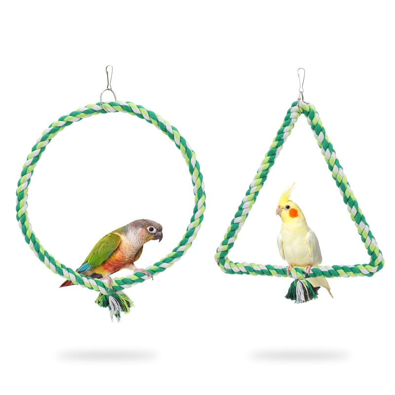 Two colorful parrots perched on green braided rope swings - one circular, one triangular