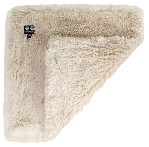 Cream faux fur pet blanket shown unfolded with corner lifted revealing plush texture