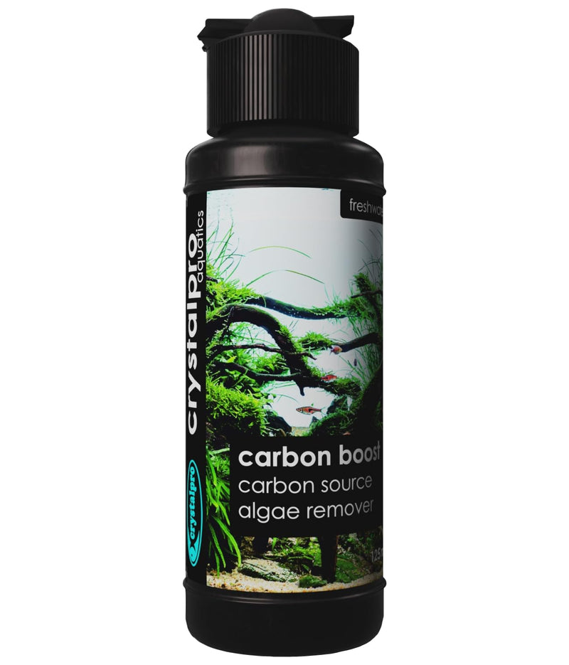 Black bottle of crystallpro carbon boost aquarium supplement with green aquascape label design