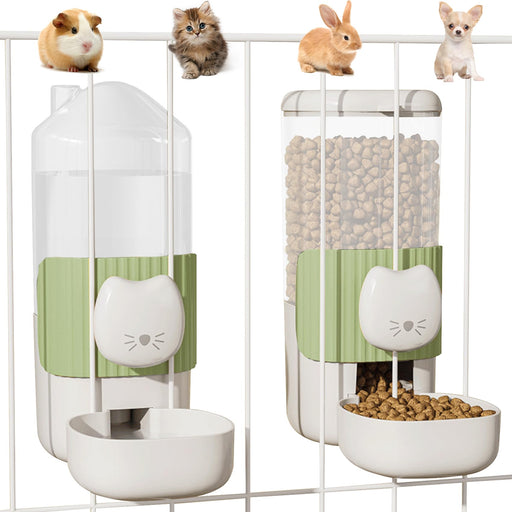 Green and white hanging pet feeders with cute cat faces dispensing food and water to bowls