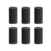 Six dark gray cylindrical foam filter sponges arranged in two rows of three on white background