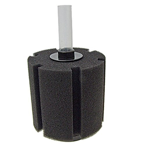 Black cylindrical bio sponge aquarium filter with clear plastic tube attachment on top