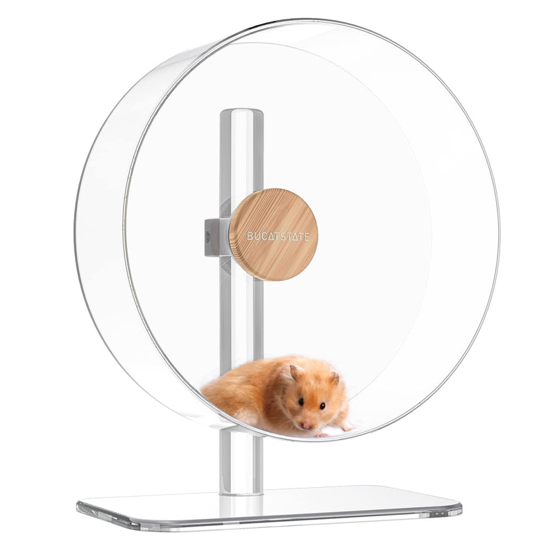 Clear acrylic hamster exercise wheel with wooden center disc and orange hamster inside