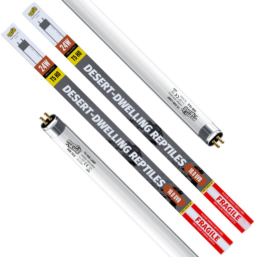 T5 High Output 10.0 UVB desert dwelling reptile fluorescent tubes with red fragile labels