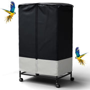 Black bird cage cover with gray bottom panel on wheeled stand with flying parrots around it