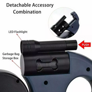 Detachable LED flashlight and garbage bag storage compartment on dual-dog retractable leash