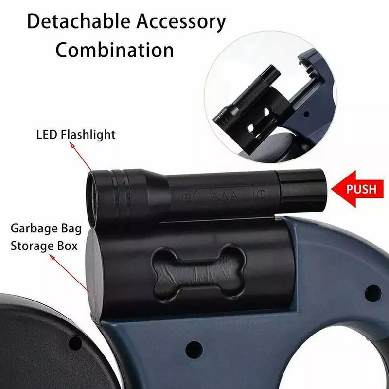 Detachable LED flashlight and garbage bag storage compartment on dual-dog retractable leash