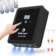 Black digital aquarium air pump with LED display showing 99, touch controls, and four blue air