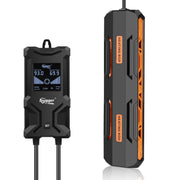 Black digital aquarium heater controller with LCD display and orange heating rod on white background