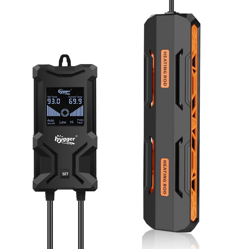 Black digital aquarium heater controller with LCD display and orange heating rod on white background