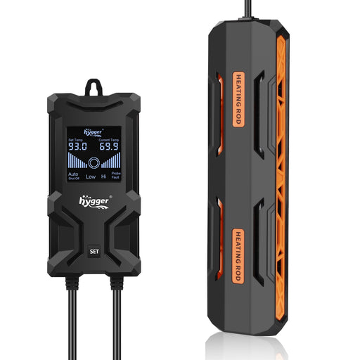 Black digital aquarium heater controller with LCD display and orange heating rod on white background