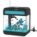Modern black aquarium with digital display, colorful tropical fish, blue coral decorations and