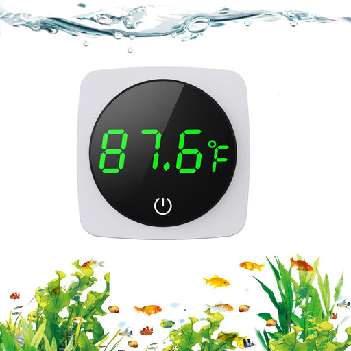 White digital aquarium thermometer displaying 81.6°F in green LED digits on black screen