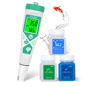White and green digital pH meter with LCD display showing 35.0 ppt and calibration solution bottles