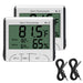 Two white digital thermometers displaying temperature and humidity readings with control buttons