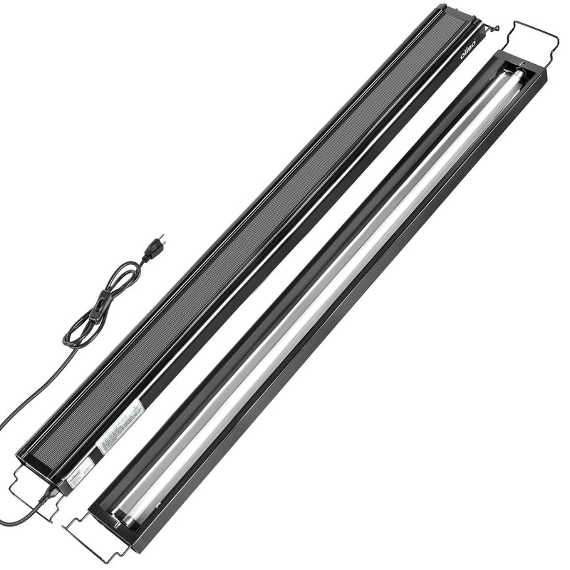 Disassembled T5 UVB reptile light fixture showing black housing, fluorescent tube, and power cord
