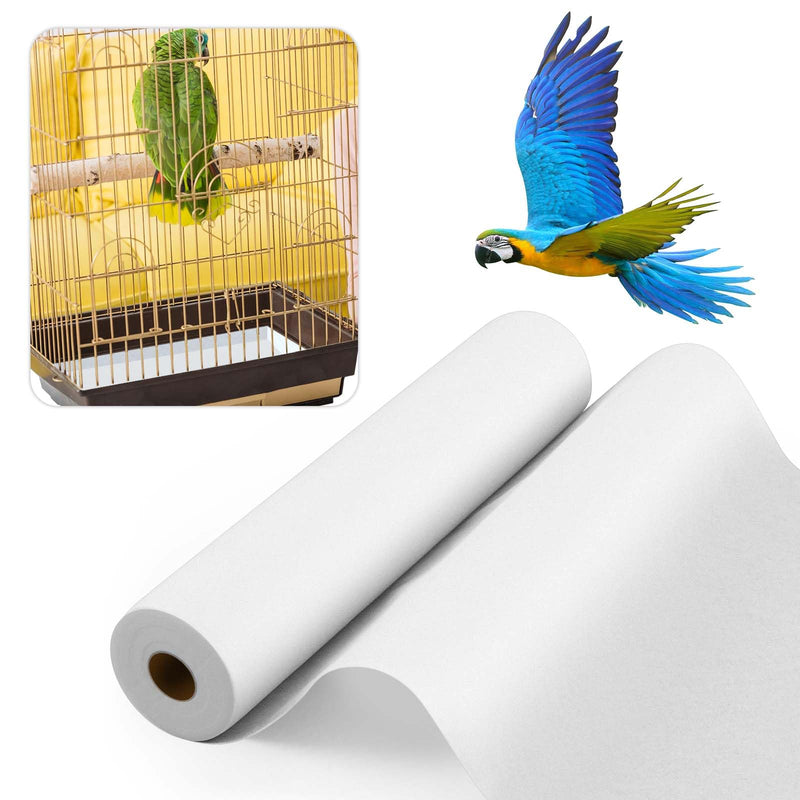 White disposable bird cage liner paper rolls with parrot cage and flying macaw illustrations