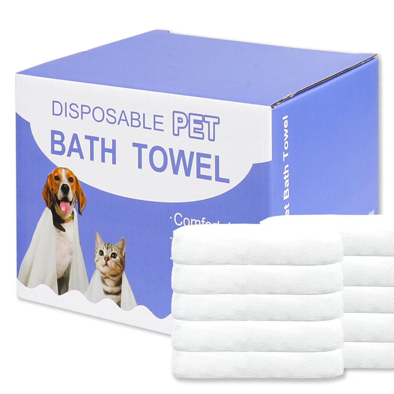 Blue box of disposable pet bath towels with dog and cat shown beside stacked white towels