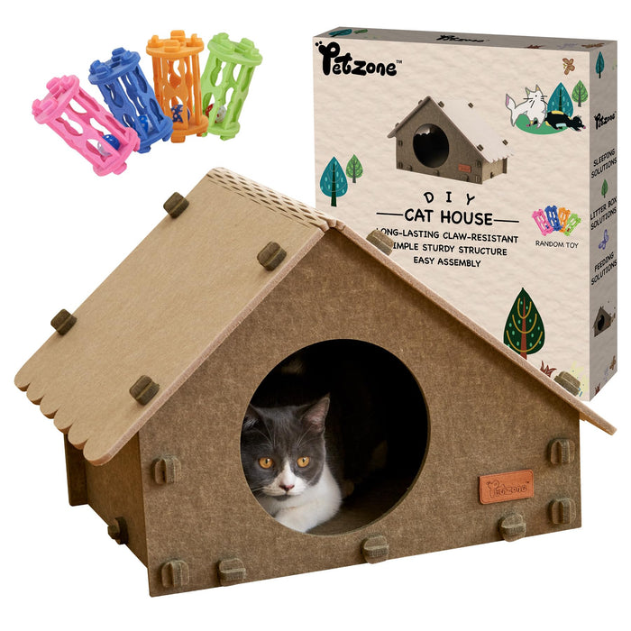 DIY cardboard cat house with gray and white cat inside, colorful toys and packaging box shown