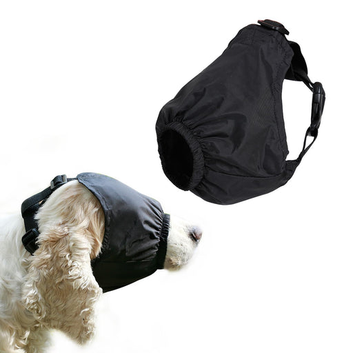 Black dog eye mask shown on golden retriever and standalone view displaying adjustable straps