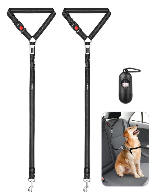 Two black dog car safety harnesses with reflective stitching, storage case, and usage photo