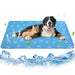 Large dog and orange cat lying together on blue cooling mat with bone pattern and ice cubes below
