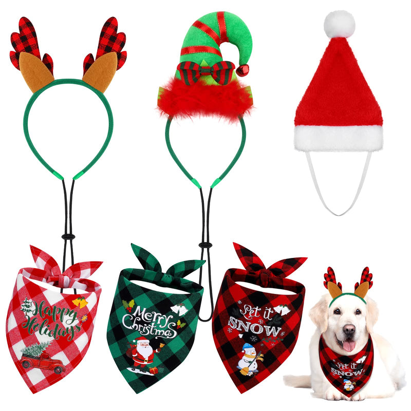 Christmas dog accessories set with reindeer antlers elf hat Santa hat and three plaid bandanas