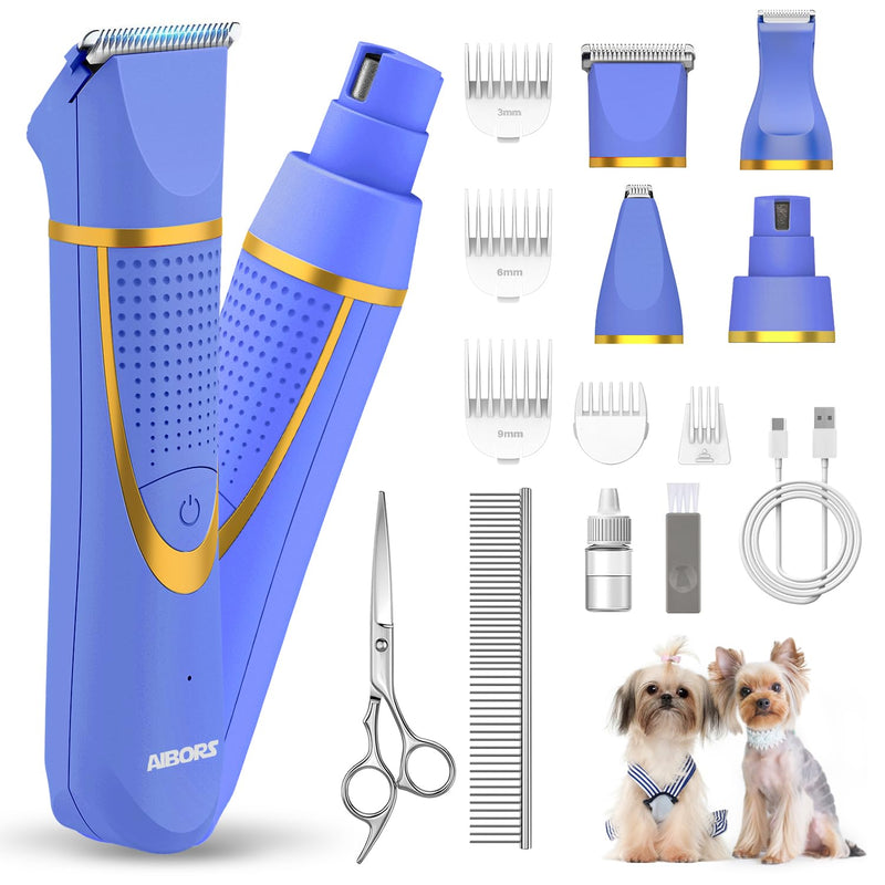 Blue dog grooming clipper kit with multiple attachments, scissors, comb and charging cable