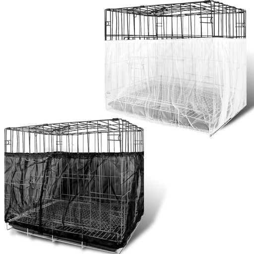 Wire dog crates with black and white protective covers shown from different angles