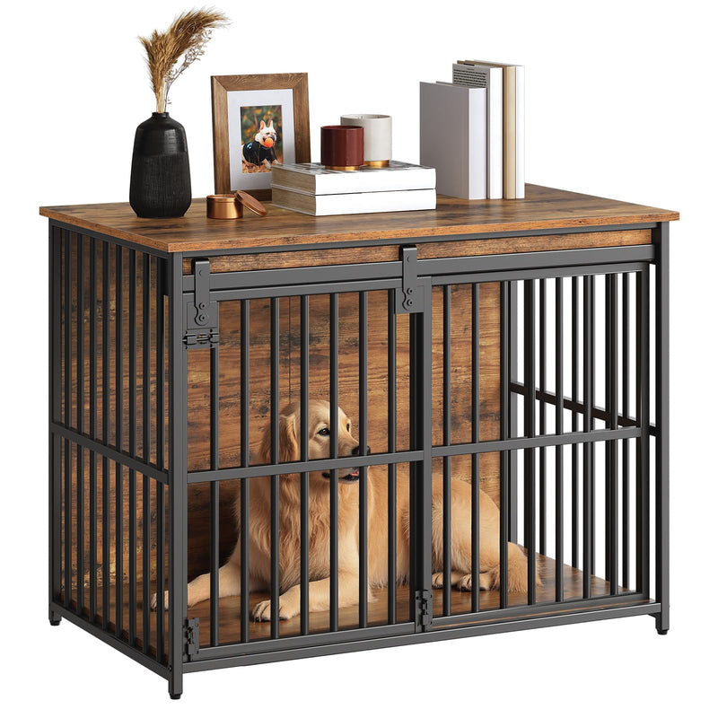 Golden retriever inside wooden dog crate with black metal bars and decorative items on top