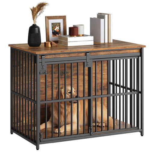 Golden retriever inside wooden dog crate with black metal bars and decorative items on top