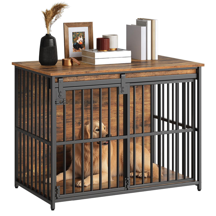 Golden retriever inside wooden dog crate with black metal bars and decorative items on top