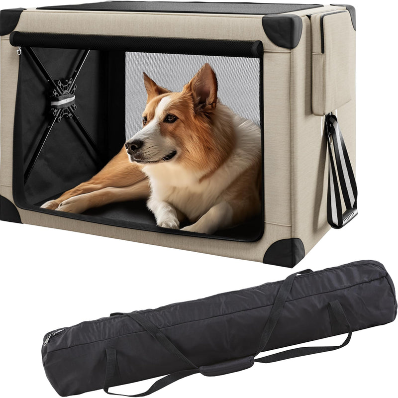 Corgi dog lying inside beige portable crate with black carrying bag shown below