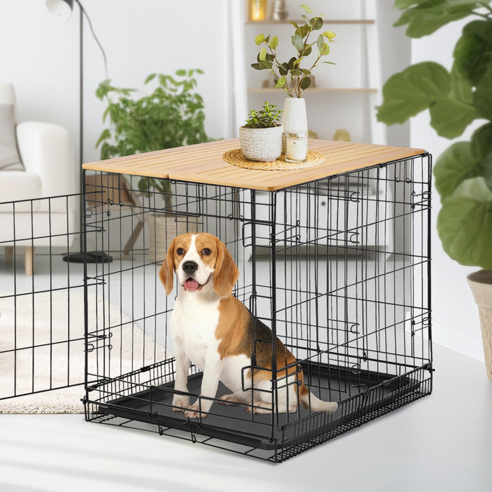 Beagle sitting inside black wire dog crate with wooden table top in modern living room
