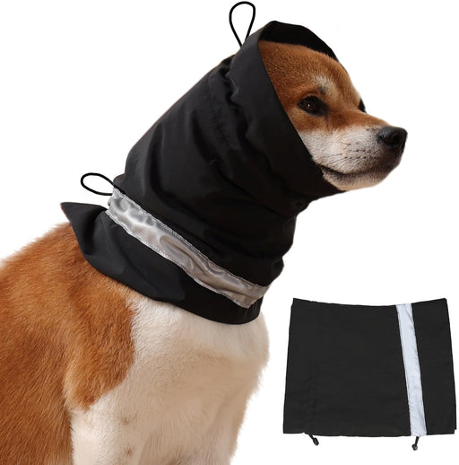 Beagle wearing black waterproof ear protection hood with reflective trim and storage pouch shown