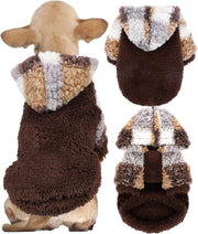 Brown fleece dog hoodie with multicolored pattern shown from back and front views