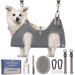White fluffy dog in gray grooming hammock with complete kit accessories displayed below