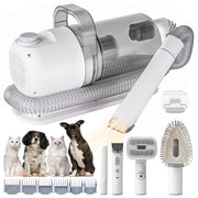 Pet grooming vacuum kit with white dryer, flexible hose, and various clipper attachments displayed
