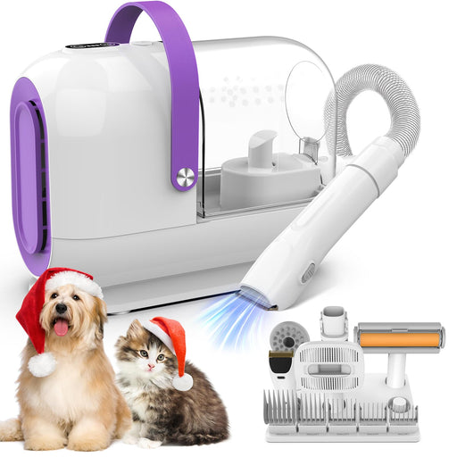 Purple white pet grooming vacuum kit with hose attachments dog cat wearing Santa hats
