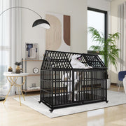 Black steel dog kennel with roof in modern living room setting with white dog inside