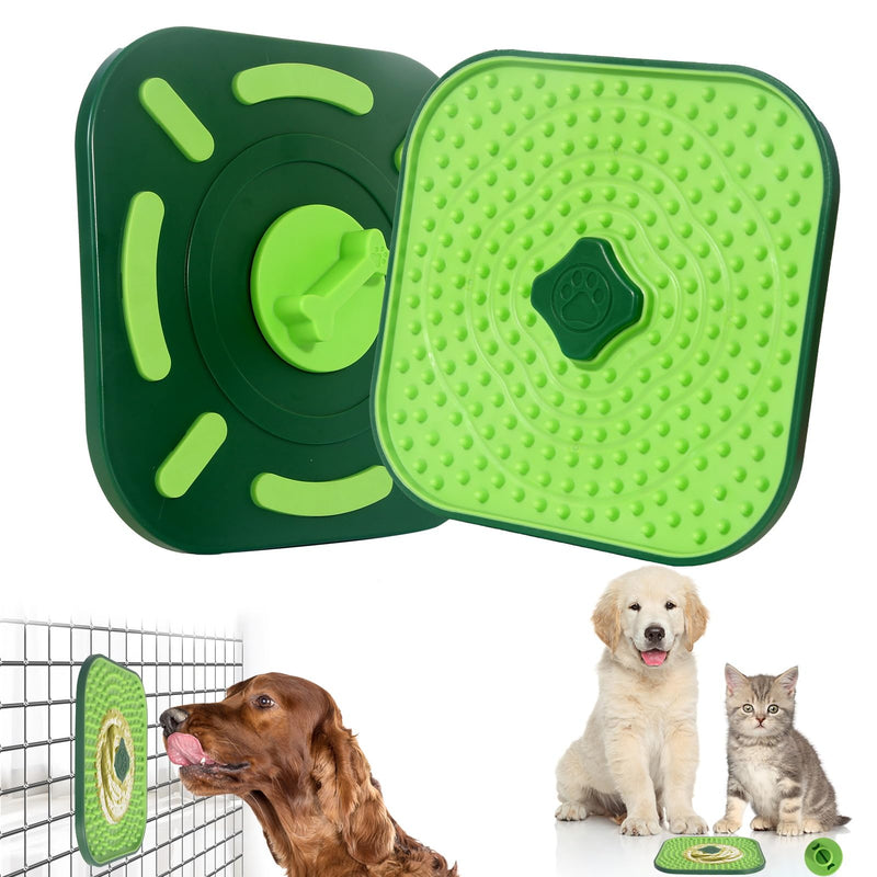 Green dog lick mat showing both sides with textured surfaces and demonstration photos of pets