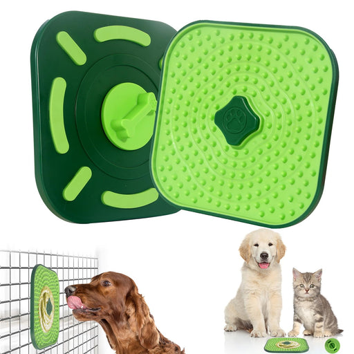 Green dog lick mat showing both sides with textured surfaces and demonstration photos of pets