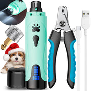 Complete dog nail grinder kit with mint green grinder, nail clippers, LED light and accessories