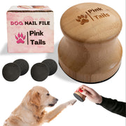 Golden retriever giving paw to human hand holding bamboo dog nail file with replacement pads