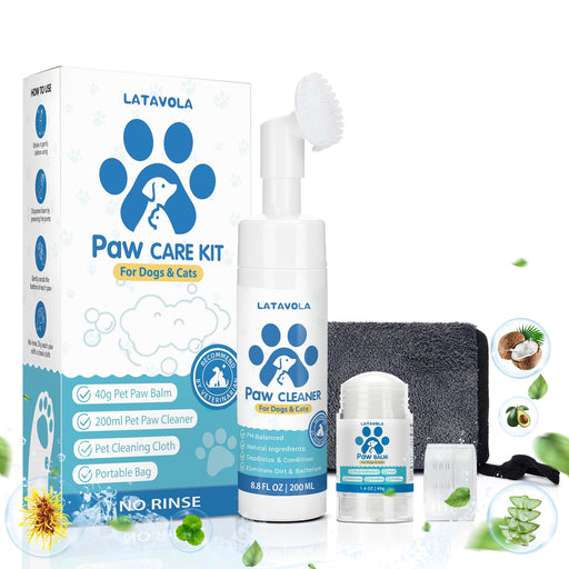 LATAVOLA paw care kit with blue packaging, white bottles, balm container and cleaning cloth