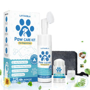 Dog paw care kit with blue packaging, foam cleaner bottle, balm jar, cleaning cloth and bag