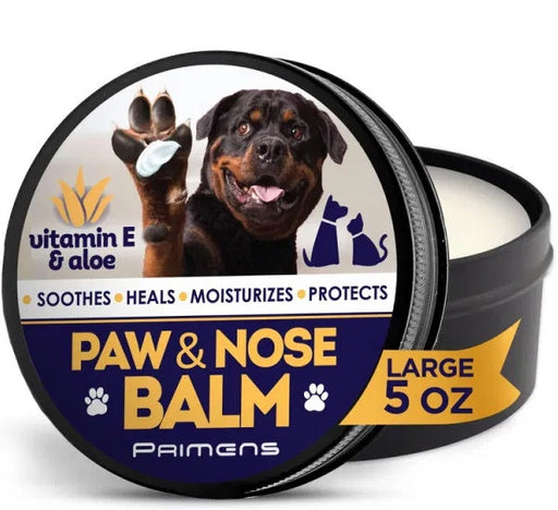 Black tin of Primens paw and nose balm with vitamin E and aloe featuring Rottweiler
